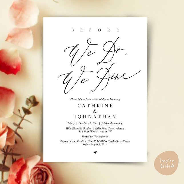 Convites Antes que o façamos, jantamos, Janto de ensaio de  (Before we do, we dine, Modern Wedding Rehearsal Romantic Dinner Invitation Card PDF Black White)