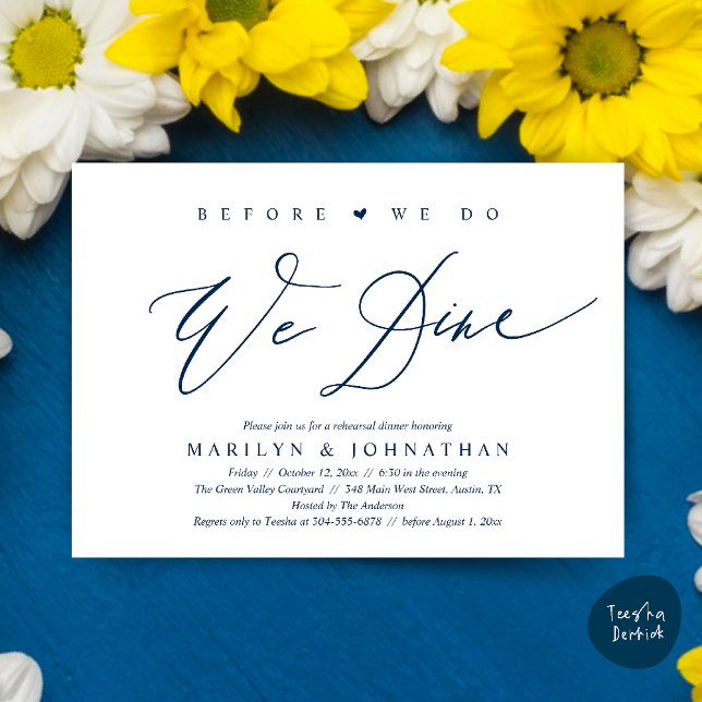 Convites Antes que o façamos, jantamos, Janto de ensaio de  (Before we do, we dine, Modern Wedding Rehearsal Romantic Dinner Invitation Card PDF Navy Blue)