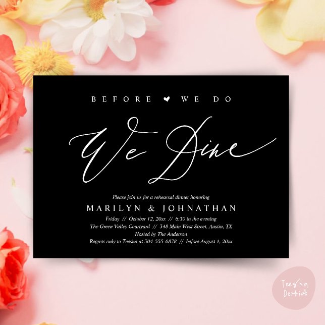 Convites Antes que o façamos, jantamos, Janto de ensaio de  (Before we do, we dine, Modern Wedding Rehearsal Romantic Dinner Invitation Card PDF Classy Black)