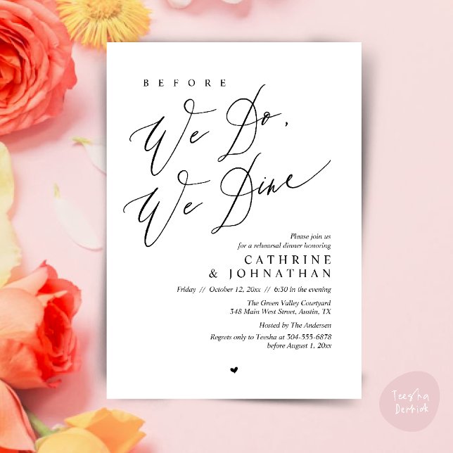 Convites Antes que o façamos, jantamos, Janto de ensaio de  (Before we do, we dine, Modern Wedding Rehearsal Romantic Dinner Invitation Card PDF Black White)