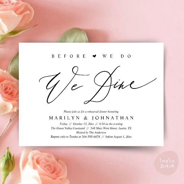 Convites Antes que o façamos, jantamos, Janto de ensaio de  (Before we do, we dine, Modern Wedding Rehearsal Romantic Dinner Invitation Card PDF Black White)