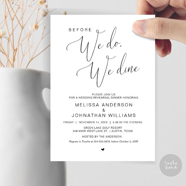 Convites Antes que o façamos, jantamos, Janto de ensaio de  (Before We Do, We Dine, Wedding Rehearsal Dinner Invitation Card, PDF, in Black and White)