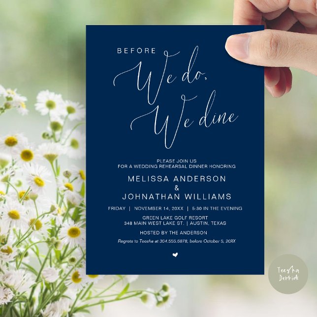 Convites Antes que o façamos, jantamos, Janto de ensaio de  (Before We Do, We Dine, Wedding Rehearsal Dinner Invitation Card, PDF, in Navy Blue)