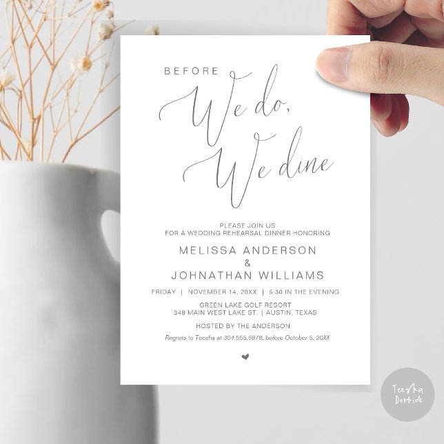 Convites Antes que o façamos, jantamos, Janto de ensaio de  (Before We Do, We Dine, Wedding Rehearsal Dinner Invitation Card, PDF, in Dark Grey)