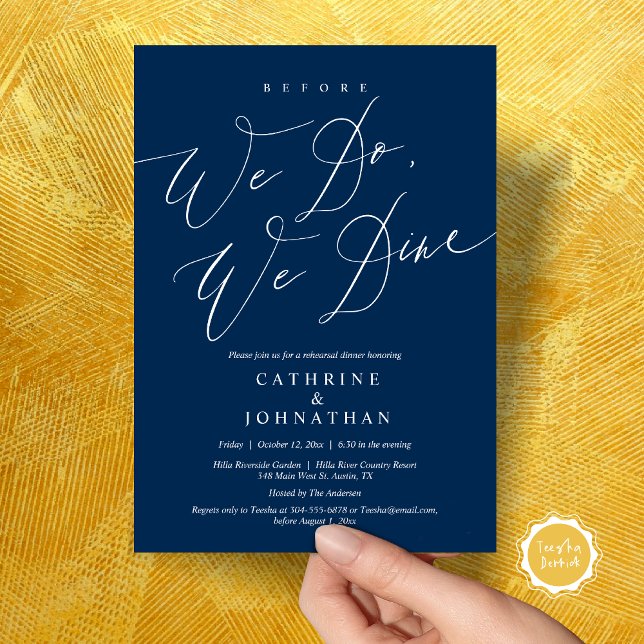 Convites Antes que o façamos, jantamos, Janto de ensaio de  (Before we do, we dine, modern romantic wedding rehearsal dinner invitation card, pdf, in navy blue)
