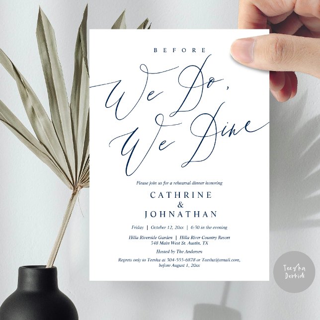 Convites Antes que o façamos, jantamos, Janto de ensaio de  (Before we do, we dine, modern romantic wedding rehearsal dinner invitation card, pdf, in navy blue)