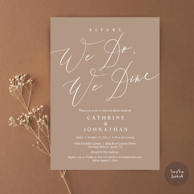 Convites Antes que o façamos, jantamos, Janto de ensaio de  (Before we do, we dine, modern romantic wedding rehearsal dinner invitation card, pdf, in taupe)