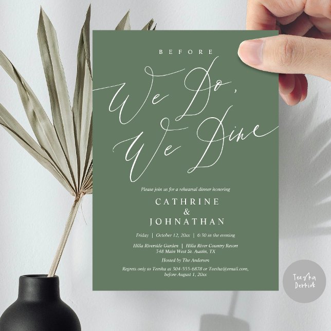 Convites Antes que o façamos, jantamos, Janto de ensaio de  (Before we do, we dine, modern romantic wedding rehearsal dinner invitation card, pdf, in sage green)