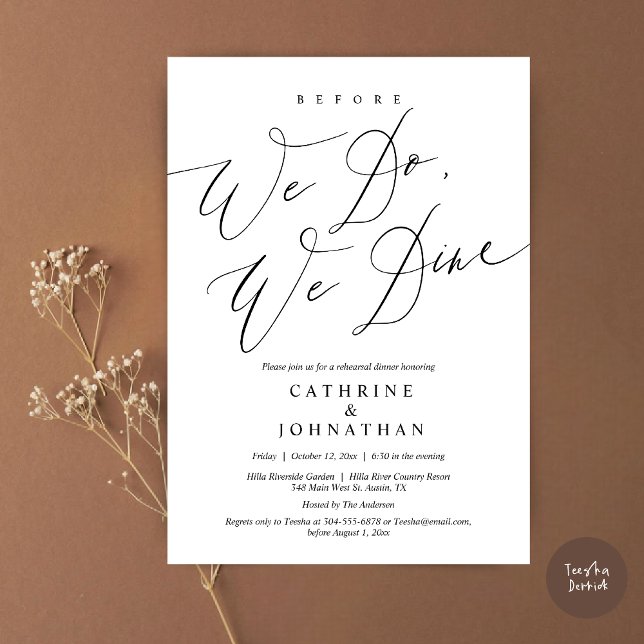 Convites Antes que o façamos, jantamos, Janto de ensaio de  (Before we do, we dine, modern romantic wedding rehearsal dinner invitation card, pdf, in Black White)