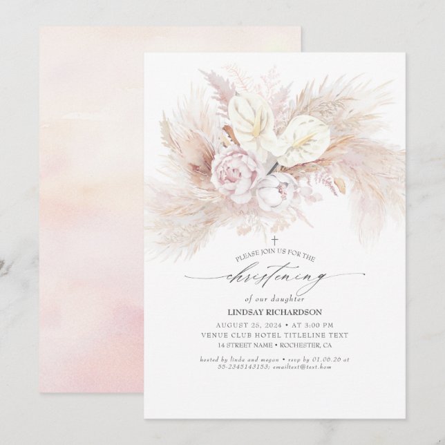 Convites Anthurium e Pampas Grass Floral Christening (Frente/Verso)