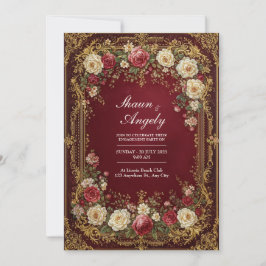 Convites Antigo Casamento Formal Floral Borgonha Dourado