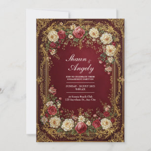 Convites Antigo Casamento Formal Floral Borgonha Dourado