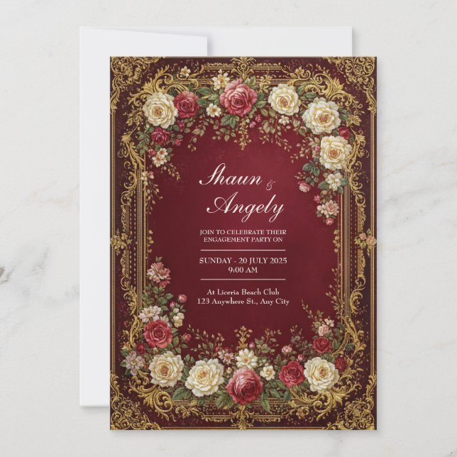 Convites Antigo Casamento Formal Floral Borgonha Dourado (Frente)