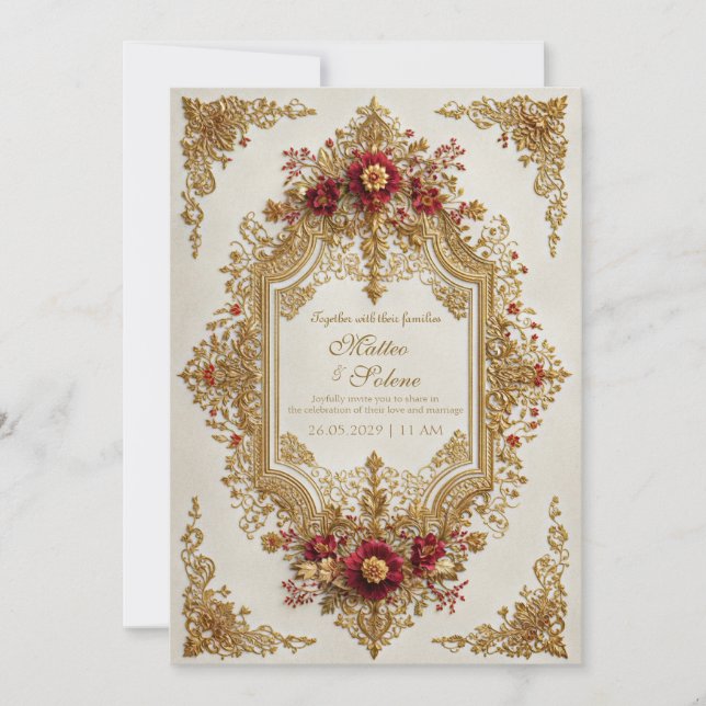 Convites Antigo Casamento Formal Floral Borgonha Dourado (Frente)