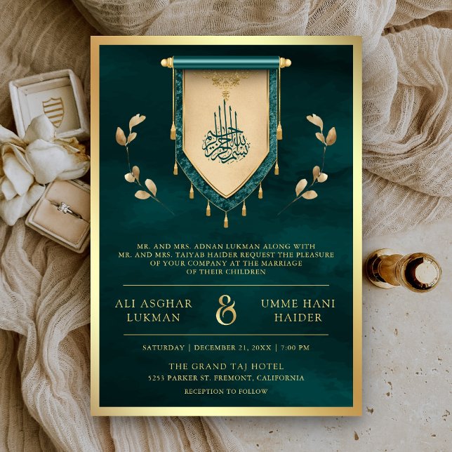 Convites Antigo Casamento Muçulmano Dourado Verde Água com  (Criador carregado)