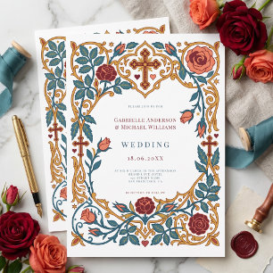 Convites Antigo Floral Vintage Cruz Casamento Católico