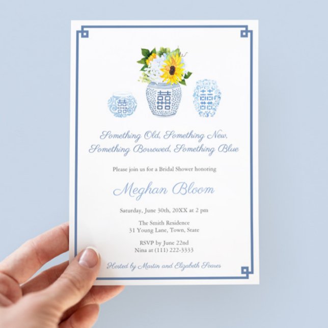 Convites Antigo novo Chá de casamento Clássico Azul Emprest (Something Old New Borrowed Blue Bridal Shower invitation with sunflowers and preppy ginger jars)