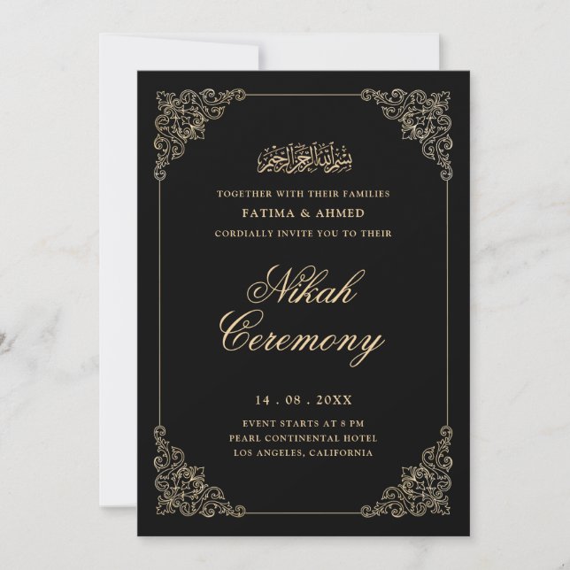 Convites Antigo Ouro Barroco Script Cerimônia de Nikah Pret (Frente)