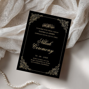 Convites Antigo Ouro Barroco Script Cerimônia de Nikah Pret