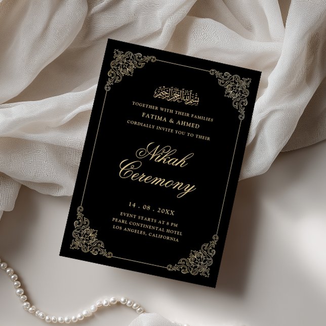 Convites Antigo Ouro Barroco Script Cerimônia de Nikah Pret (Criador carregado)