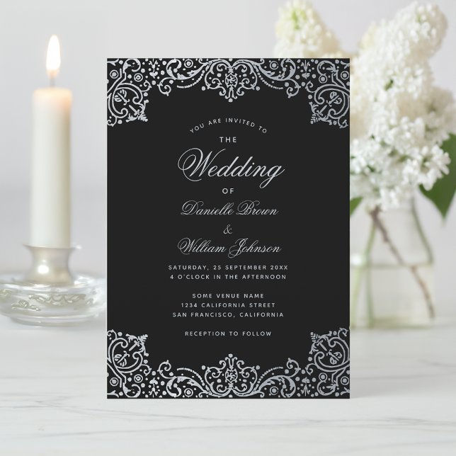 Convites Antigo Preto Falso Prata Elegante Casamento Vintag (Criador carregado)