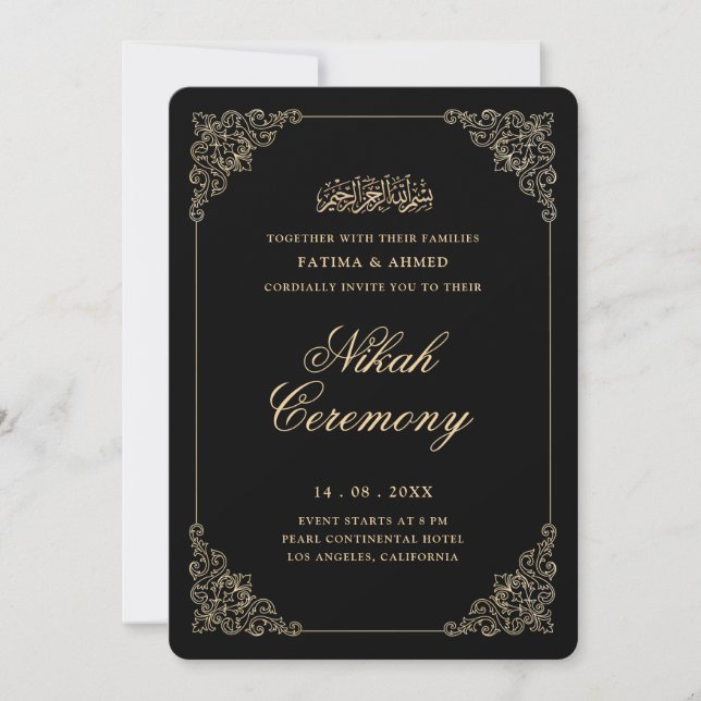 Convites Antigo Script Ouro Barroco Cerimônia de Nikah Pret (Frente)