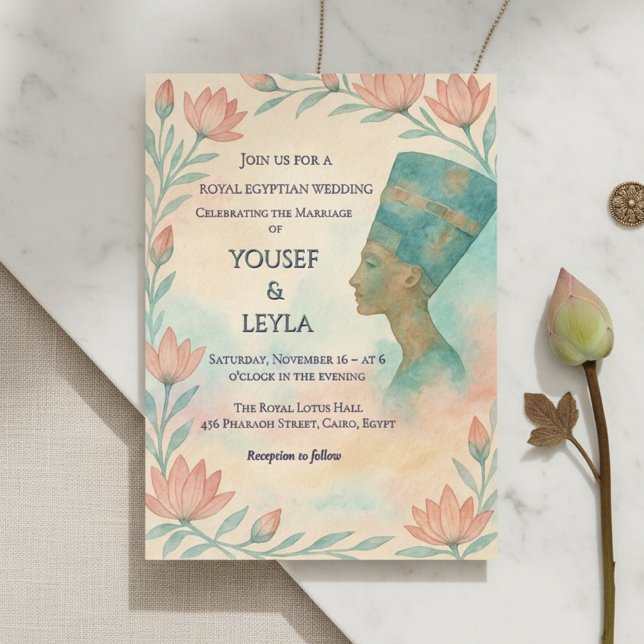 Convites Antigos Nefertiti Majestoso Egípcio Convidam (Ancient Egyptian wedding invitation with Nefertiti & lotus.)