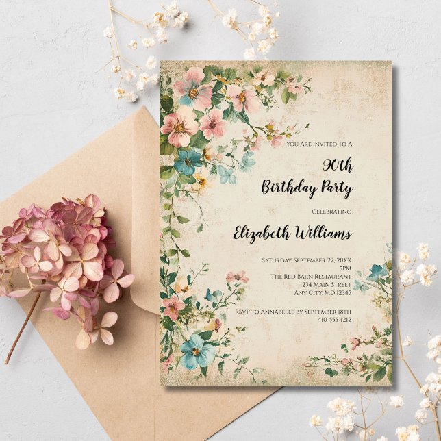 Convites Antiguidade Vintage Florals Chique Birthday (Antique Vintage Floral 90th birthday party invitation)