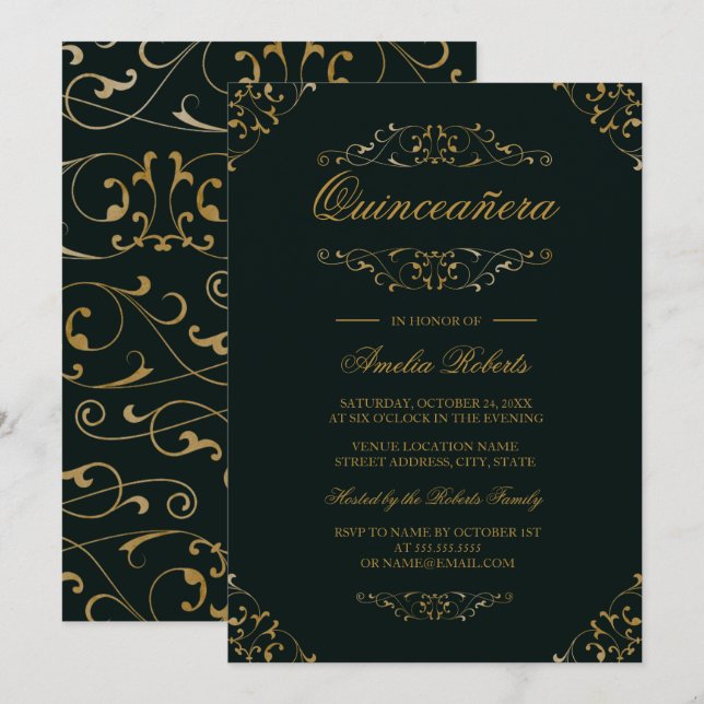 Convites Antiquado Emerald Dourado Quinceanera Invite (Frente/Verso)