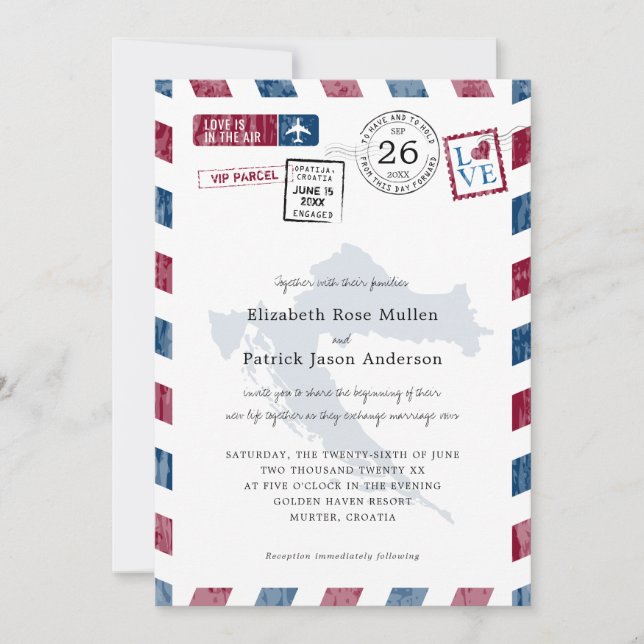 Convites Antique Airmail Parcel to Croácia Wedding (Frente)