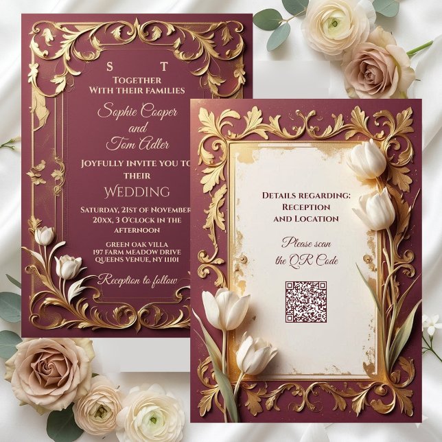 Convites Antique Burgundy Ivory Tulips Gold Baroque Wedding (Antique Burgundy Ivory Tulips Gold Baroque Wedding Invitation)
