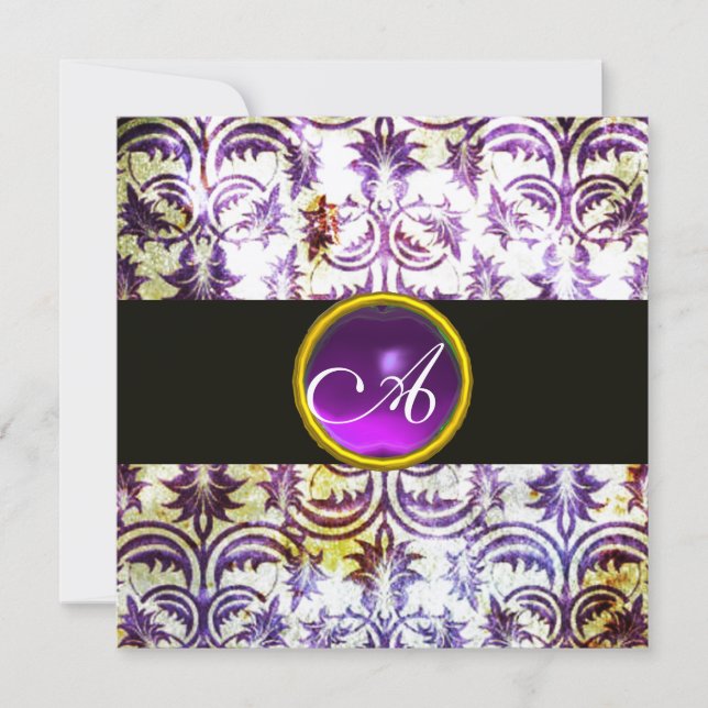 Convites ANTIQUE DAMASK MONOGRAMA, roxo branco, champanhe (Frente)
