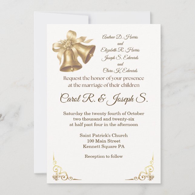 Convites Antique Gold Bells Wedding Invitation (Frente)