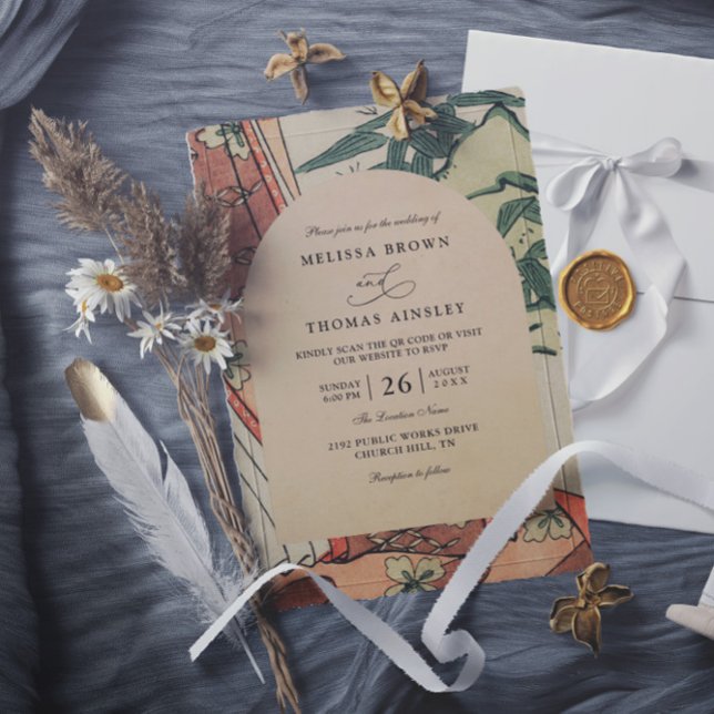 Convites Antique Japanese Kimono Bamboo QR Code Wedding (Criador carregado)