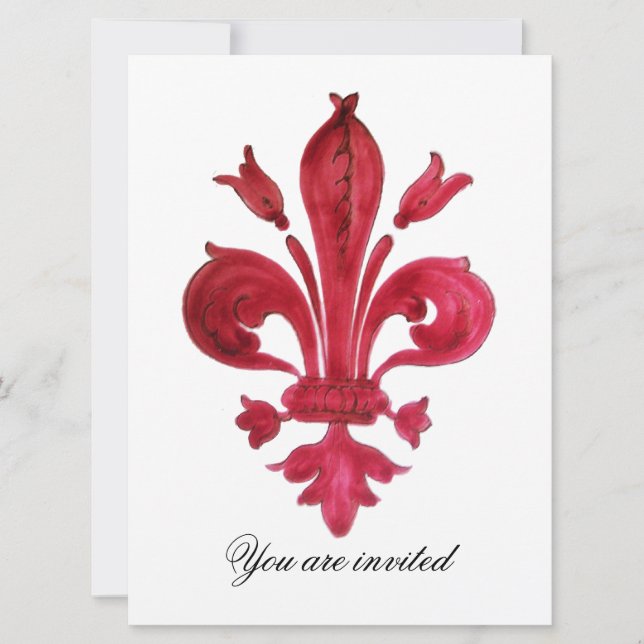 Convites ANTIQUE VERMELHO FLEUR DE LIS Damask Gem Monograma (Frente)