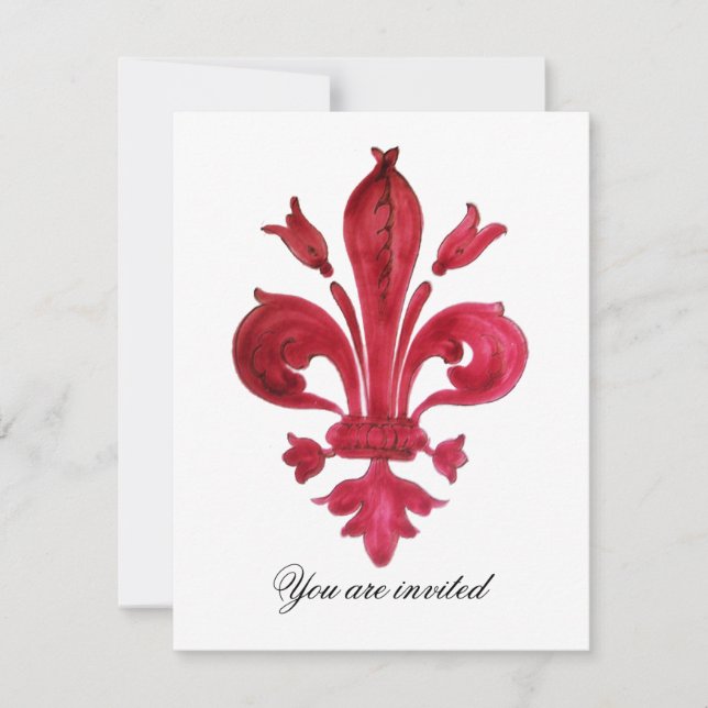 Convites ANTIQUE VERMELHO FLEUR DE LIS Damask Gem Monograma (Frente)