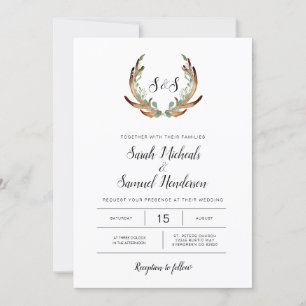 Convites Antler rústico & casamento escuro da aguarela das