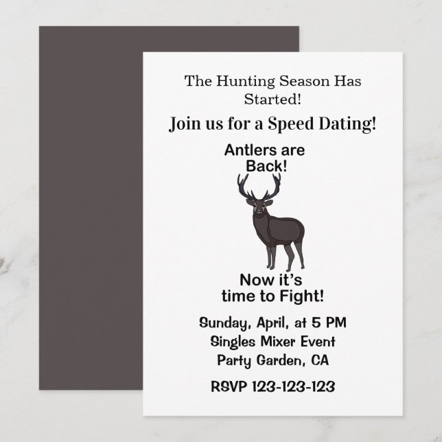 Convites Antlers Are Back Deer Quote Hunting Speed Dating (Frente/Verso)