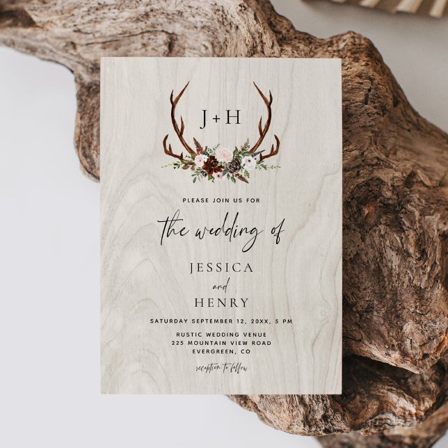 Convites Antlers Rustic Wood Boho Wedding (Criador carregado)
