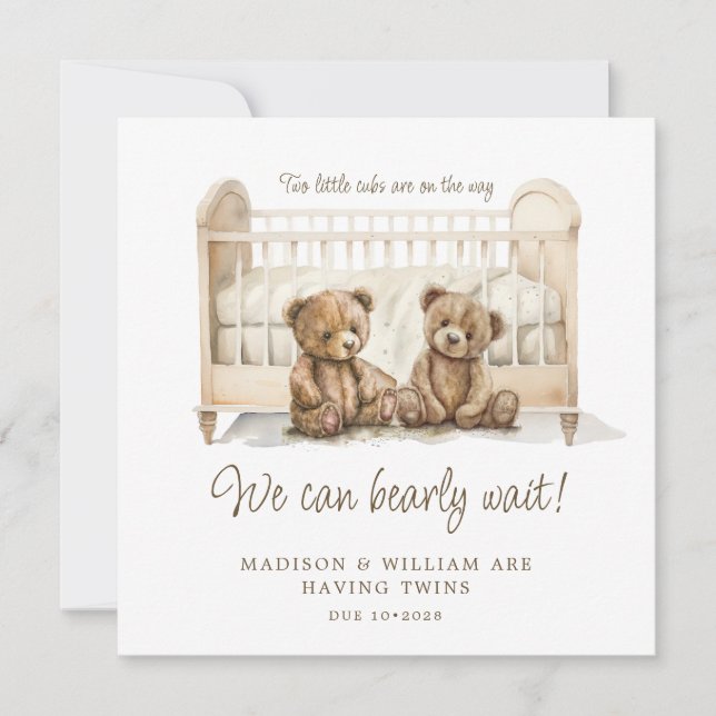 Convites Anunciação de Gravidez Gêmea Ursos de Teddy Neutra (Frente)