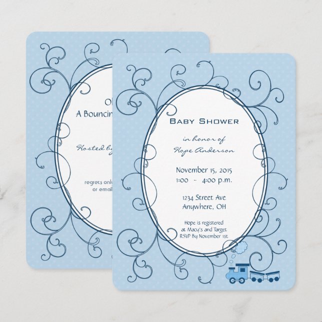 Convites Anunciamento do Chá do trem Swirl Baby Boy Blue Do (Frente/Verso)