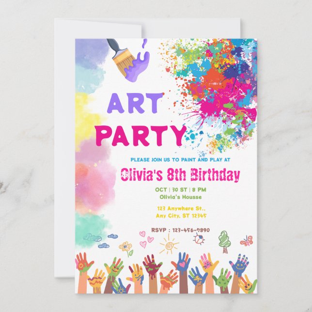 Convites ANY AGE Art Party Paint Party Birthday  (Frente)