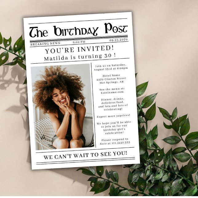 Convites Any Age Birthday Newspaper Custom Photo  (Criador carregado)