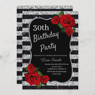 Convites Any Age Birthday Silver And Black Glitter Red Rose