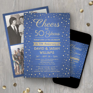 Convites ANY Anniversary Cheers Brushed Blue & Gold Party