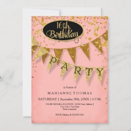 Convites Any Birthday Pink and Gold Pennant Banner Confetti