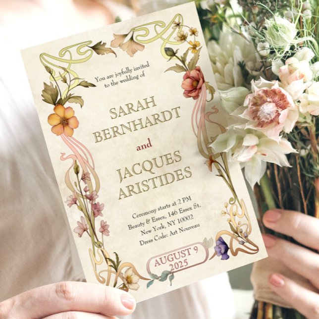 Convites ao casamento vintage Art Nouveau Deco (Retro Wedding Invitation with Art Nouveau Floral Frame. Antique Wedding Invite Template)