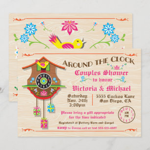 Convites Ao redor do relógio Chá de panela Folk art Cuckoo 
