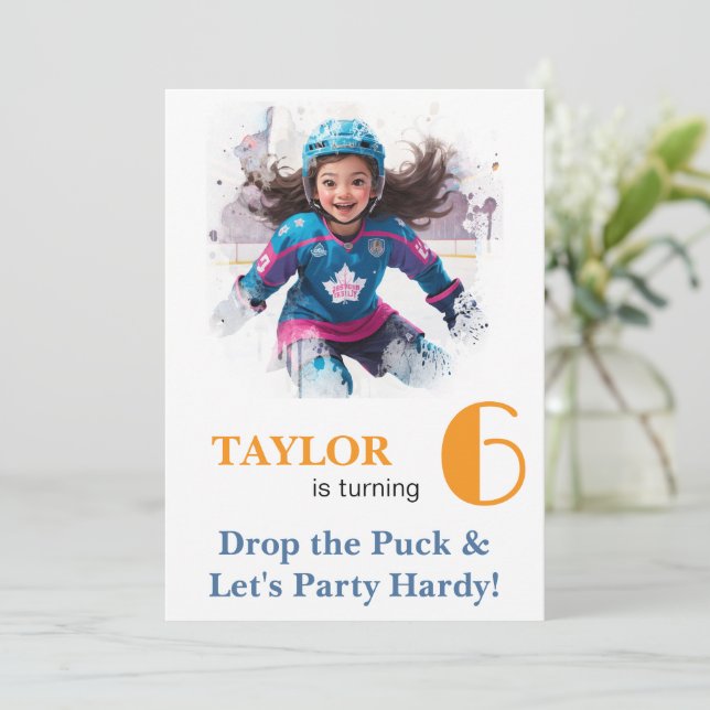 Convites *~* AP94 k-21  DIY Cute Hockey Girl Birthday (Em pé/Frente)