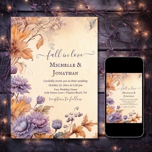 Convites Apaixonado Belo Casamento outono de outono (Printed and Digital - Fall in Love Beautiful Autumn Vintage Fall Wedding Invitation)